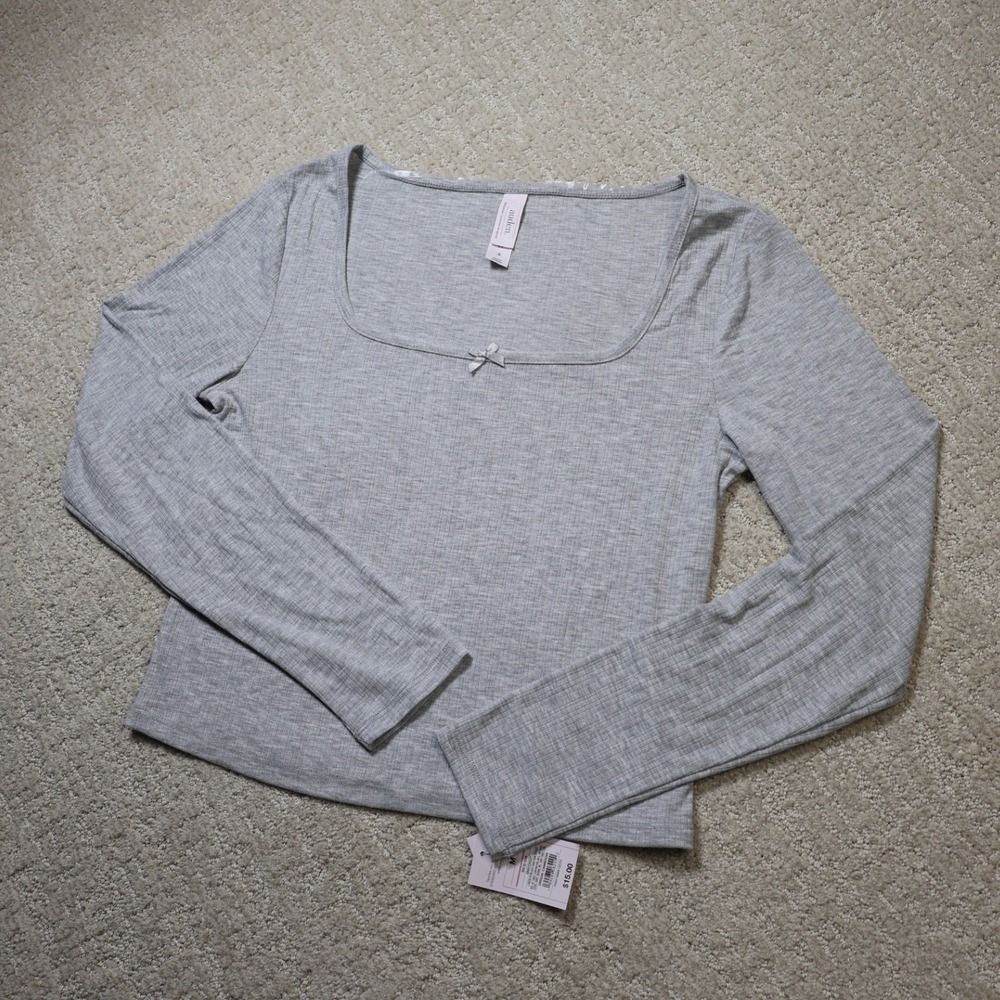 Auden Women Gray Ribbed Long Sleeve Sleep Shirt Square Neck Bow Detail NWT M